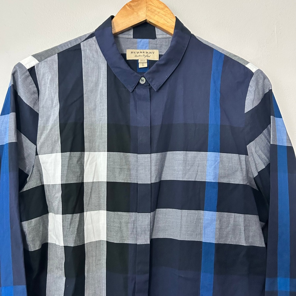 Burberry Button Down Shirt Womens XL Navy Blue Oversized Check Plaid Long Sleeve